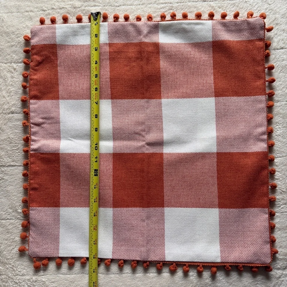 Fall Pillow Covers - Set of 2 Buffalo Orange and White Plaid, Pumpkin, Pom Poms
